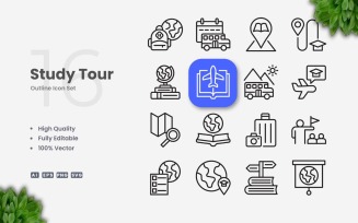 16 Study Tour Outline Icon Set