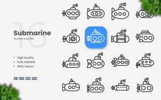 16 Submarine Outline Icon Set