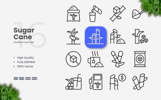 16 Sugar Cane Outline Icon Set