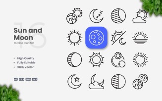 16 Sun and Moon Outline Icon Set