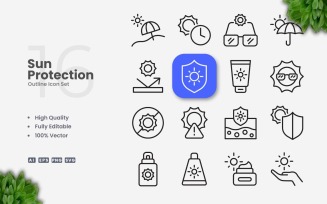 16 Sun Protection Outline Icon Set