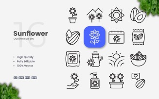 16 Sunflower Outline Icon Set