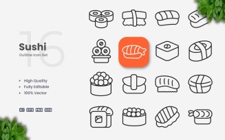 16 Sushi Outline Icon Set
