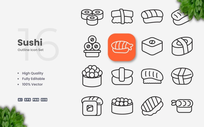 16 Sushi Outline Icon Set