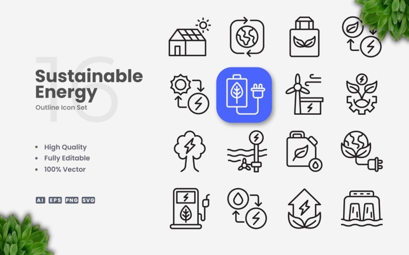 16 Sustainable Energy Outline Icon Set
