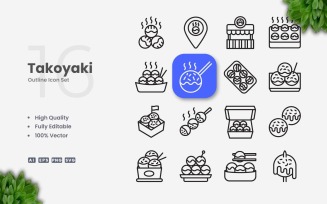 16 Takoyaki Outline Icon Set