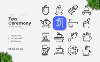 16 Tea Ceremony Outline Icon Set