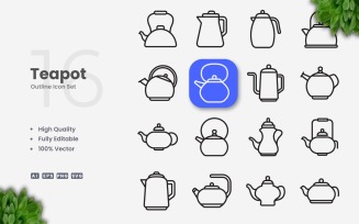 16 Teapot Outline Icon Set