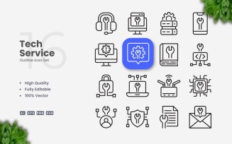 16 Tech Service Outline Icon Set
