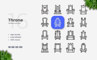 16 Throne Outline Icon Set