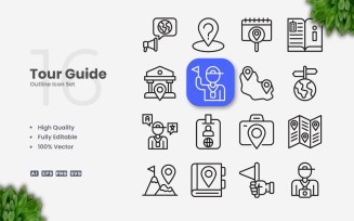 16 Tour Guide Outline Icon Set