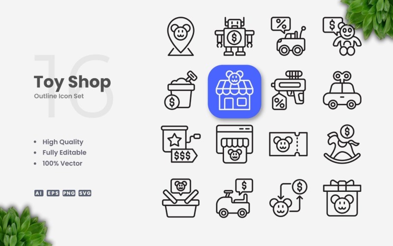 16 Toys Shop Outline Icon Set