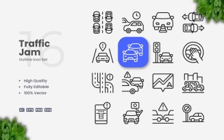 16 Traffic Jam Outline Icon Set