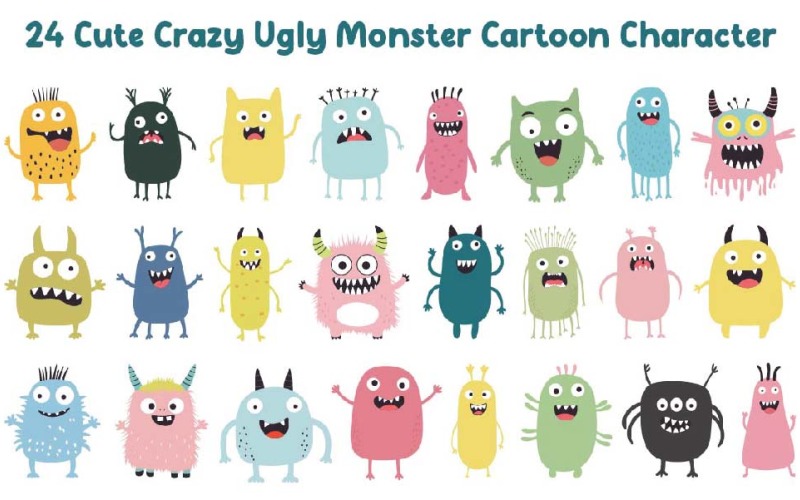 24 Cute Crazy Ugly Monster Cartoon Character Illustration