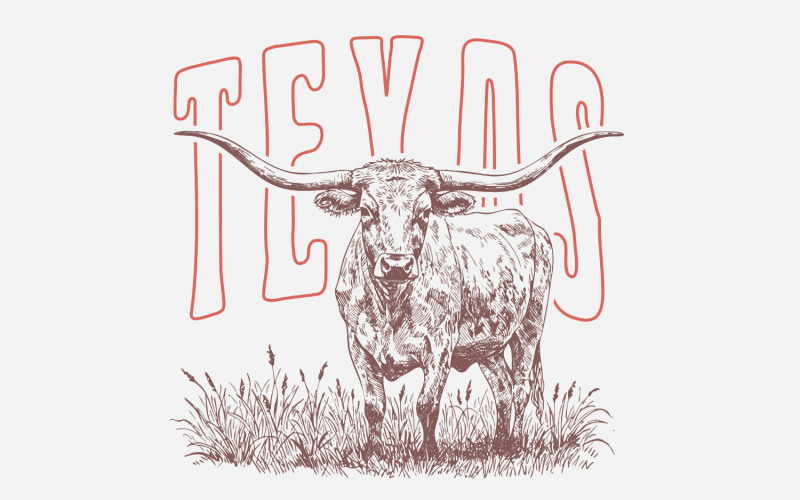 Texas Longhorn, Western PNG, Cowgirl Cowboy Country Design, Vintage Style Ranch Animal, Illustration