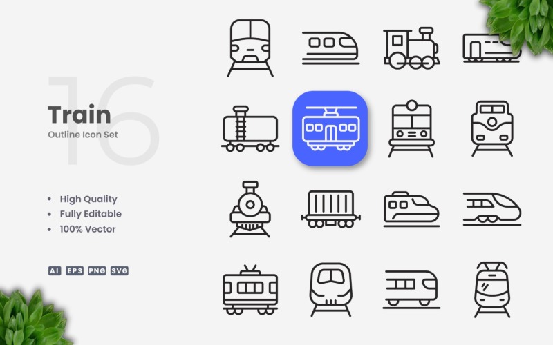 16 Train Outline Icon Set