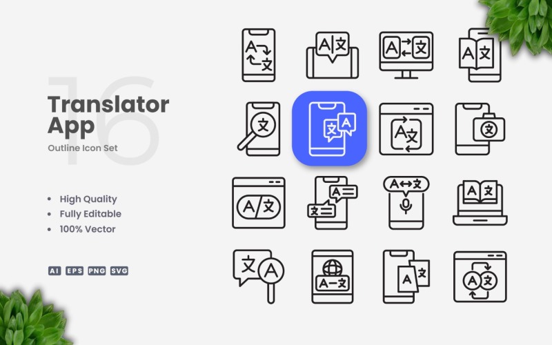 16 Translator App Outline Icon Set