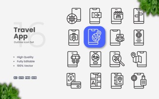 16 Travel App Outline Icon Set