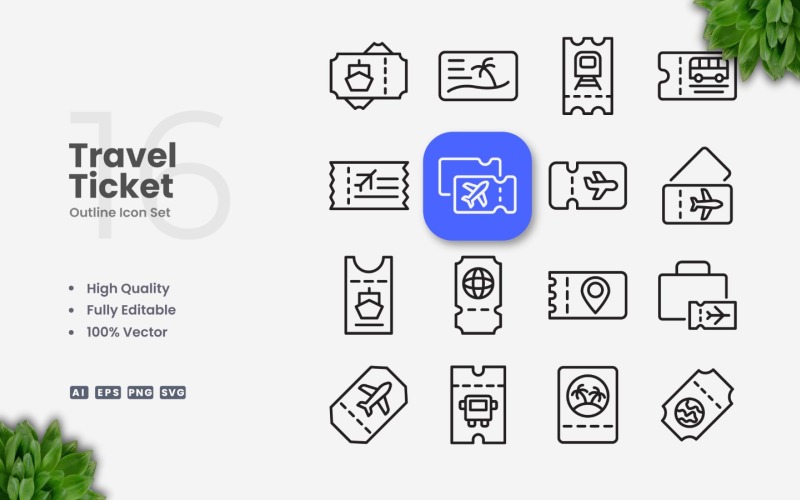16 Travel Ticket Outline Icon Set