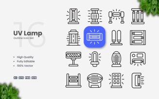 16 UV Lamp Outline Icon Set