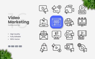 16 Video Marketing Outline Icon Set
