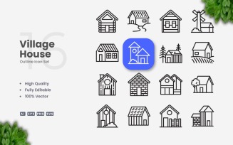 16 Village House Outline Icon Set