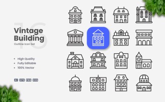 16 Vintage Building Outline Icon Set