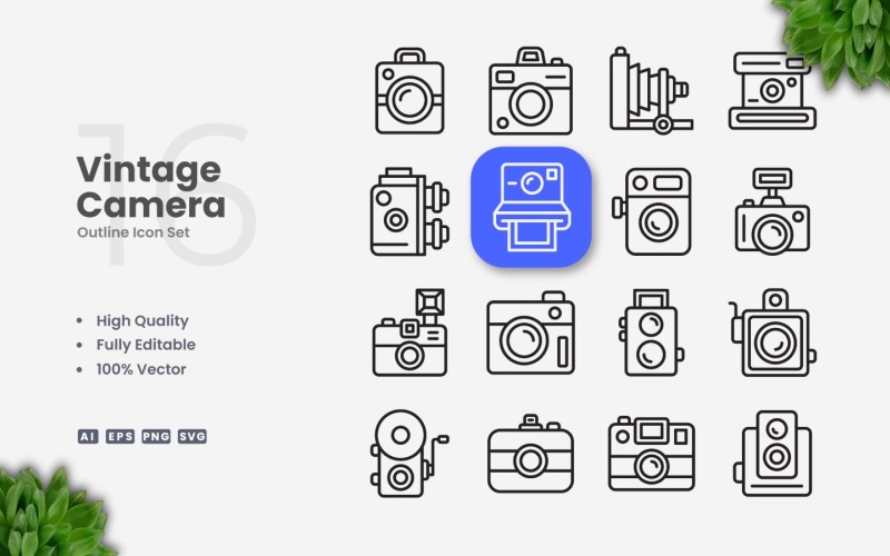 16 Vintage Camera Outline Icon Set