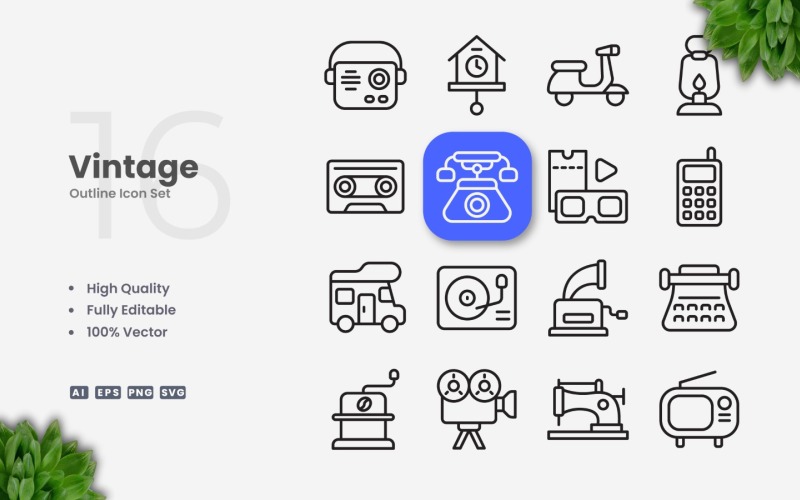 16 Vintage Outline Icon Set