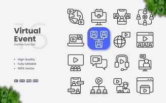 16 Virtual Event Outline Icon Set