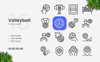 16 Volleyball Outline Icon Set
