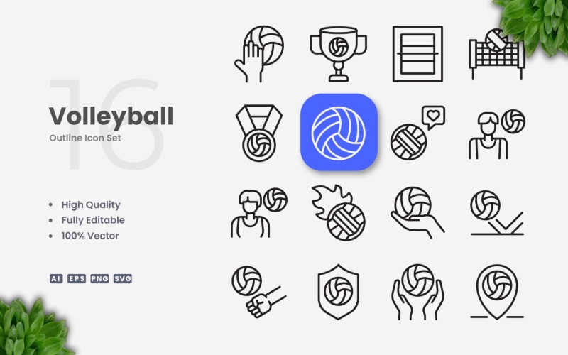 16 Volleyball Outline Icon Set