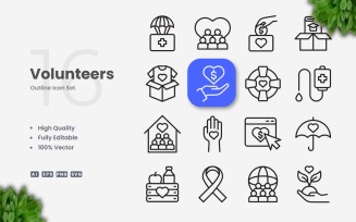 16 Volunteers Outline Icon Set