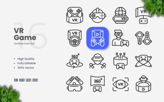 16 VR Game Outline Icon Set
