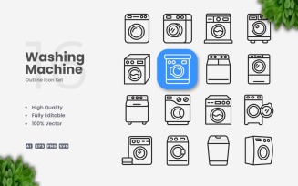 16 Washing Machine Outline Icon Set