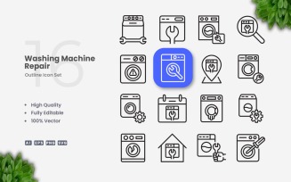 16 Washing Machine Repair Outline Icon Set