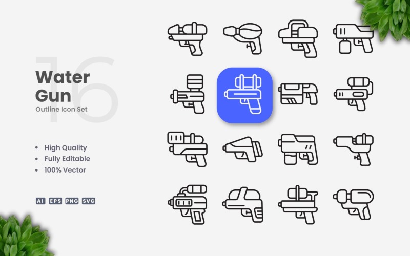 16 Water Gun Outline Icon Set