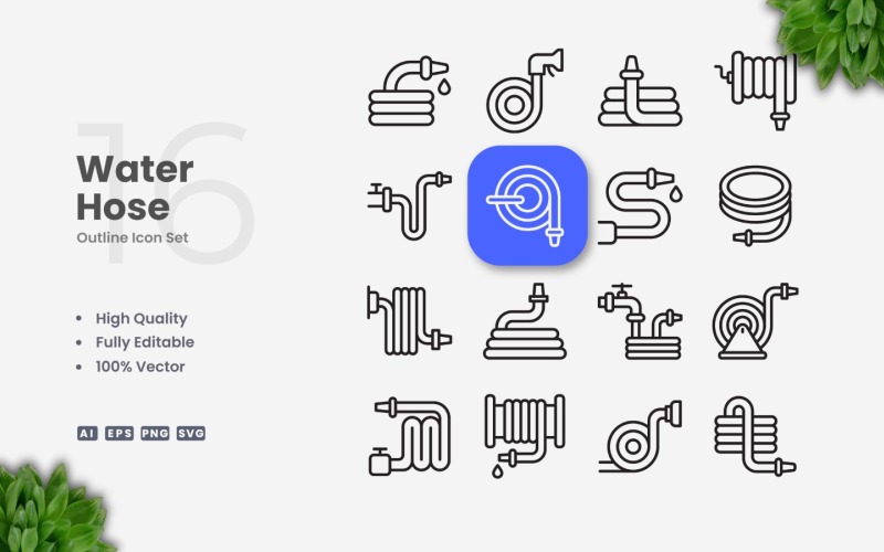 16 Water Hose Outline Icon Set