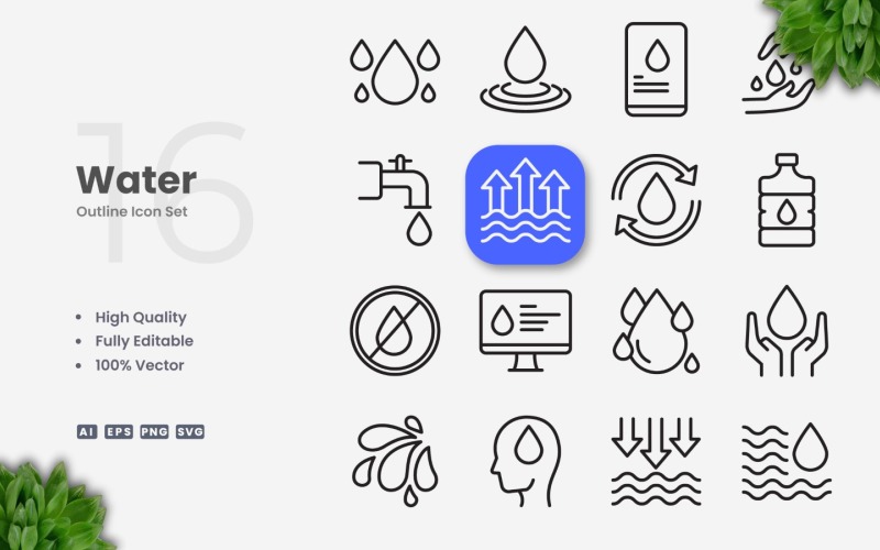 16 Water Outline Icon Set