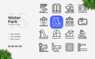 16 Water Park Outline Icon Set