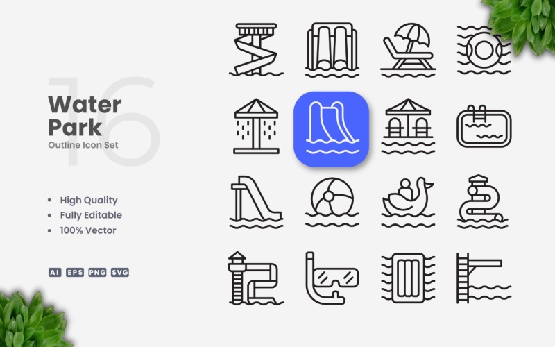 16 Water Park Outline Icon Set