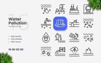 16 Water Pollution Outline Icon Set