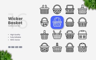 16 Wicker Basket Outline Icon Set