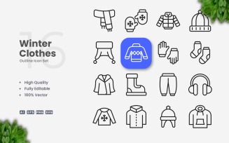 16 Winter Clothes Outline Icon Set