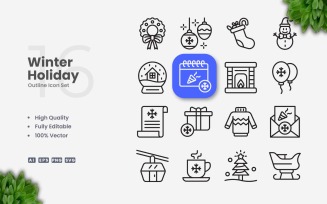 16 Winter Holiday Outline Icon Set
