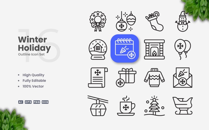 16 Winter Holiday Outline Icon Set
