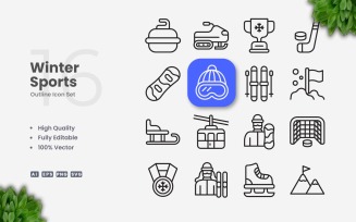 16 Winter Sports Outline Icon Set