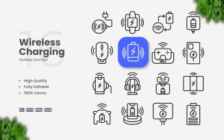16 Wireless Charging Outline Icon Set