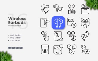 16 Wireless Earbuds Outline Icon Set