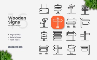 16 Wooden Signs Outline Icon Set